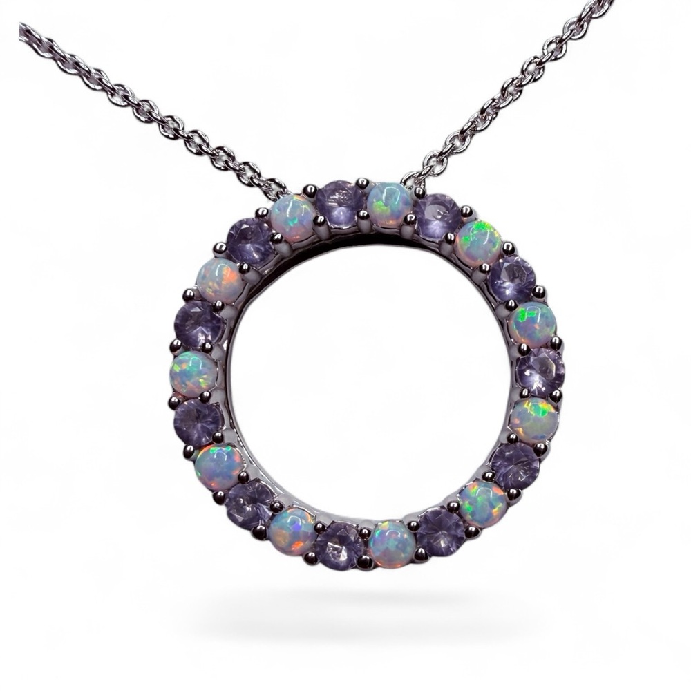 Created Opal Natural Amethyst Circle Pendant Necklace 18 inches Sterling Silver - Picture 3 of 8